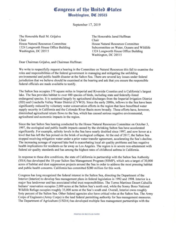 Local Congressmen Call for Hearing on Salton Sea Hearing on Salton Sea