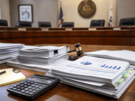 City budget documents, calculator, and gavel on a council table