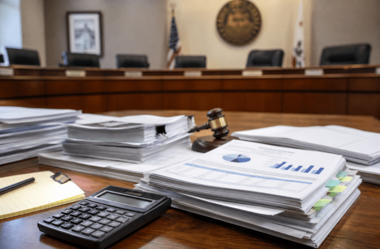 City budget documents, calculator, and gavel on a council table