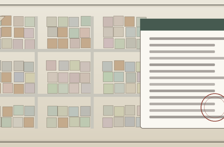 Abstract illustration of a parcel-map grid beside a tax-document panel for Winchester CFD Zone 33 / Annexation 14 fee packet coverage; no people.