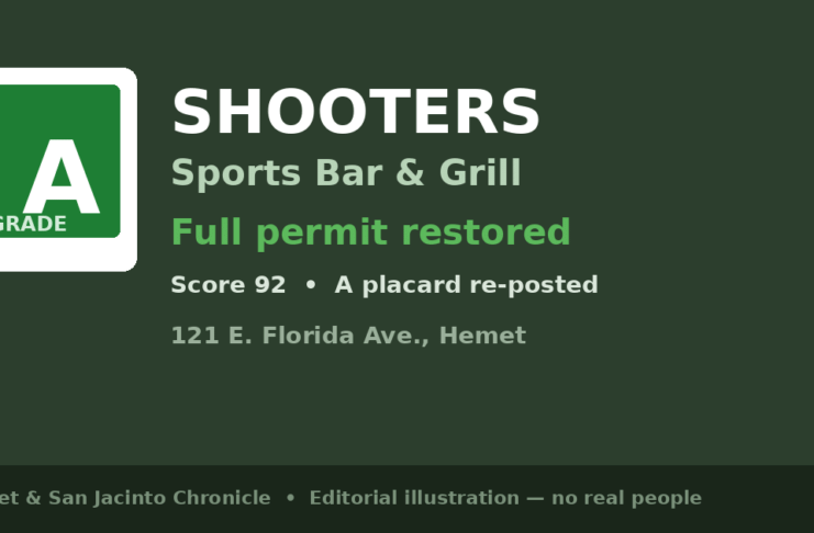 Editorial A-grade placard graphic for Shooters Sports Bar & Grill Hemet full-permit restore; no people