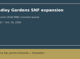 Illustration of a medical-facility building outline and CEQA document motif; no people