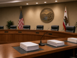 Illustration of an empty council dais with meeting packets and flags