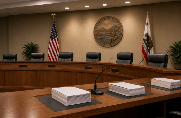 Illustration of an empty council dais with meeting packets and flags