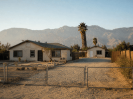 Illustration of a modest house and a smaller detached dwelling on a dry inland lot, no people