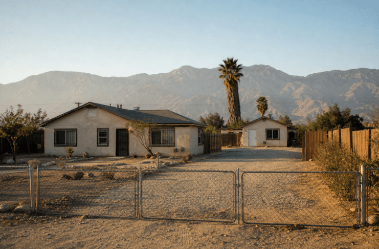 Illustration of a modest house and a smaller detached dwelling on a dry inland lot, no people