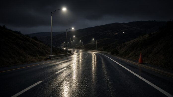 Domenigoni Parkway Illustration of an empty multi-lane parkway at night, no people
