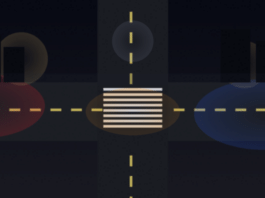 Abstract night illustration of an empty street intersection with dashed lane markings, soft streetlight glow, and red-and-blue emergency light washes. No people, vehicles with occupants, or crash scene depicted.