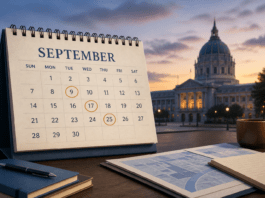 Desk calendar and city hall illustration for September hearings calendar