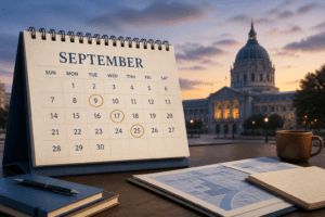 Desk calendar and city hall illustration for September hearings calendar