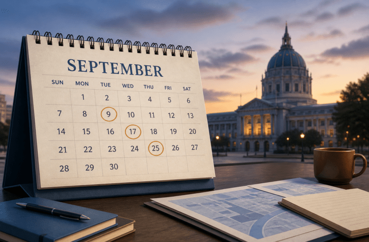 Desk calendar and city hall illustration for September hearings calendar