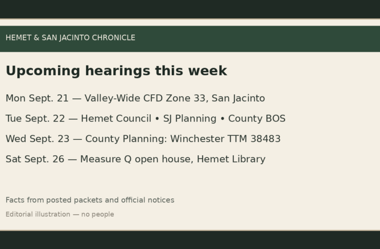 Editorial calendar graphic listing this week’s Hemet and San Jacinto valley hearings; no people.