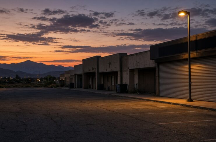 Closed commercial storefront at dusk in the Hemet valley