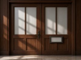 Illustration of closed council chamber doors, no people