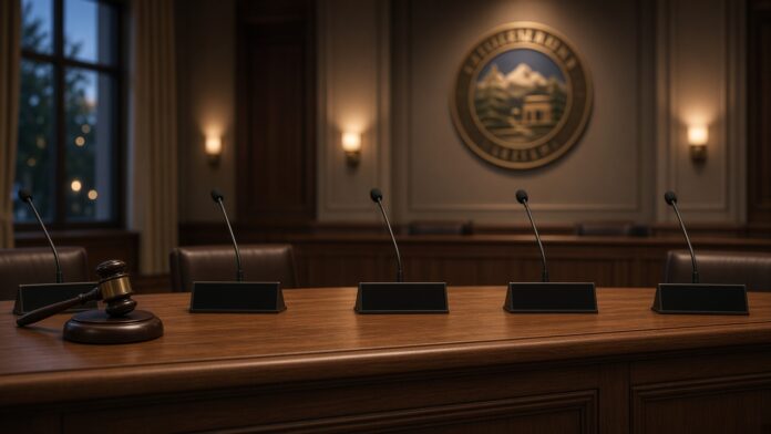 Hemet City Council chamber Illustration of an empty city council dais with microphones and a gavel, no people