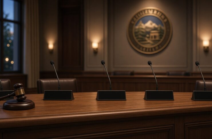 Illustration of an empty city council dais with microphones and a gavel, no people