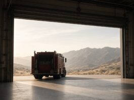 Illustration of a fire engine outside a station bay with mountains beyond, no people