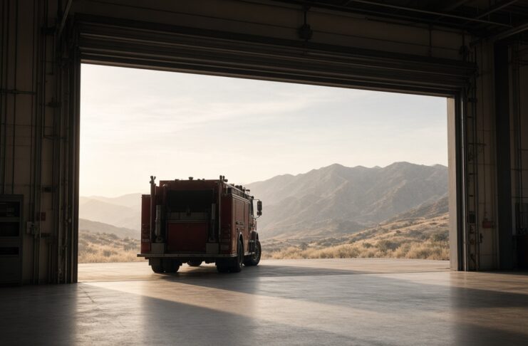 Illustration of a fire engine outside a station bay with mountains beyond, no people