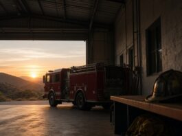 Illustration of a fire engine in a station bay at dawn, no people