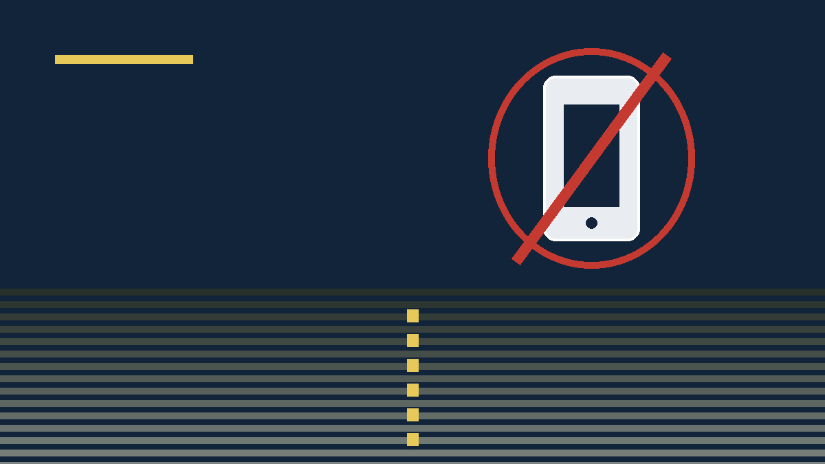 Abstract graphic: a white phone icon crossed by a red slash above stylized road stripes. No people and no photograph.
