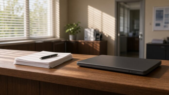 Illustration of an empty permit counter with blank forms and a closed laptop, no people