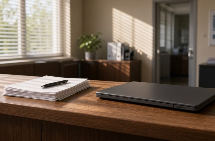 Illustration of an empty permit counter with blank forms and a closed laptop, no people