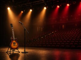 John Waite and John Cafferty play Soboba Sept. 18 Illustration of an empty rock stage with guitar and microphone, no people