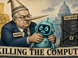 Sacramento’s AI panic tax will chase the work — and the wages — out of California Editorial cartoon — Killing the Compute — Sacramento overregulation choking AI and chaining data centers.
