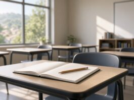 Illustration of an empty classroom desk with notebook and pencil, no people