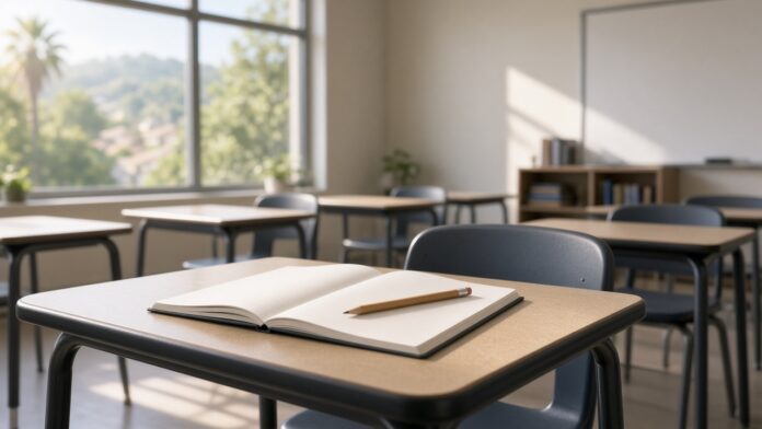 Illustration of an empty classroom desk with notebook and pencil, no people