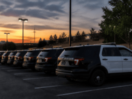 Illustration of empty black-and-white police SUVs parked at dusk