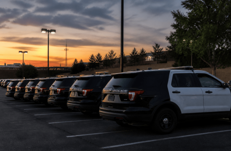 Illustration of empty black-and-white police SUVs parked at dusk
