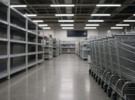 Illustration of an empty retail aisle with stacked carts, no people