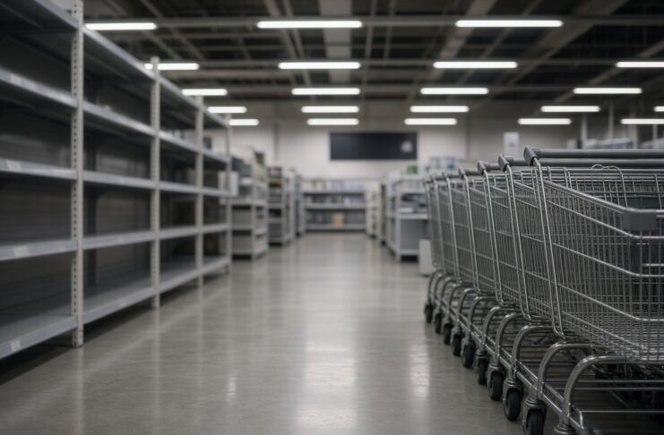 Illustration of an empty retail aisle with stacked carts, no people