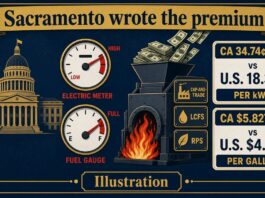 Sacramento wrote the energy premium. The tables show it. Opinion illustration: California Capitol silhouette, electric meter and fuel gauge in the red, ratepayer dollars into a Cap-and-Trade / LCFS / RPS furnace, CA 34.74¢/kWh vs U.S. 18.34¢ and CA $5.827/gal vs U.S. $4.319; labeled Illustration; no people.