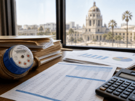 San Jacinto awards SDI Presence $102,625 needs-assessment contract Illustration of a water meter, calculator, and budget papers on a desk