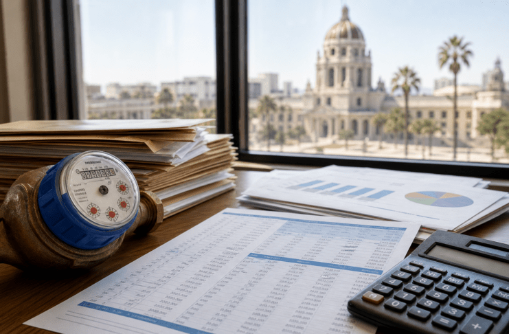 Illustration of a water meter, calculator, and budget papers on a desk