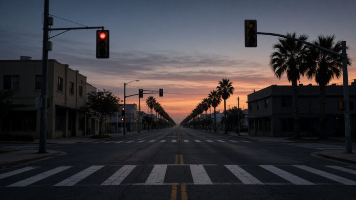 Sanderson and Florida Illustration of an empty urban intersection at dusk, no people