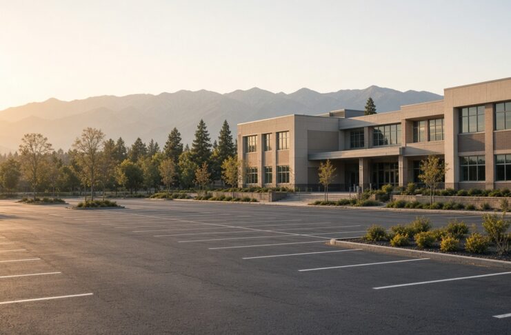 Illustration of an empty school campus parking lot at morning light, no people