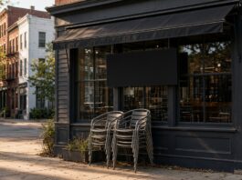Shooters Sports Bar still closed eight days after cockroach order Illustration of a closed downtown storefront with stacked chairs, no people