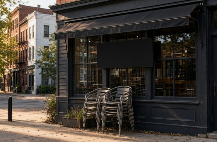 Illustration of a closed downtown storefront with stacked chairs, no people