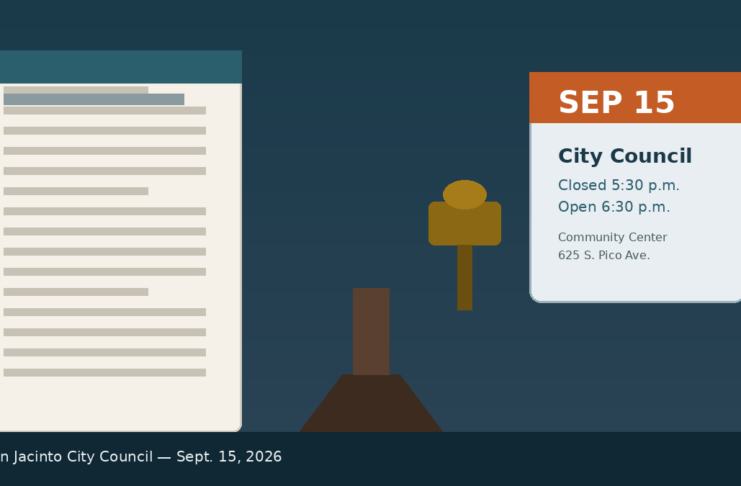 IllustrationIllustration of a San Jacinto City Council agenda document, calendar block for Sept. 15, and abstract gavel/podium shapes; no people