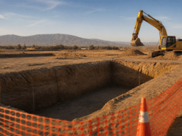 Illustration of an empty fenced excavation and excavator in dry valley ground, with no people