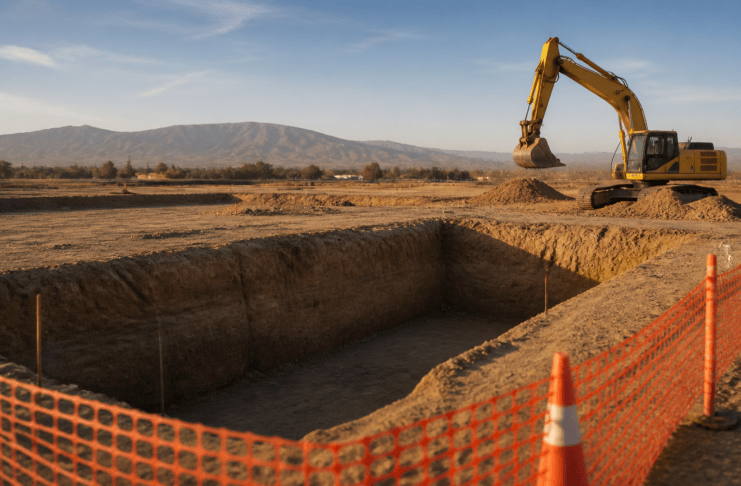 Illustration of an empty fenced excavation and excavator in dry valley ground, with no people