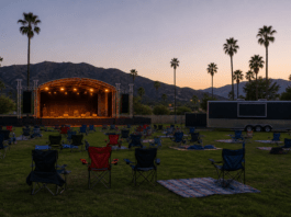 Illustration of an empty park concert setup at dusk with lawn chairs facing a lit stage, no people