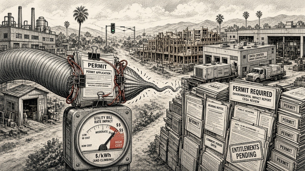Ink illustration of an energy pipe choked by stacks of permits beside a utility-bill gauge reading high cost per kilowatt-hour.